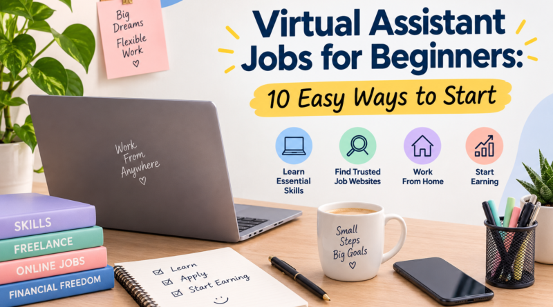Virtual assistant jobs for beginners working from home on a laptop