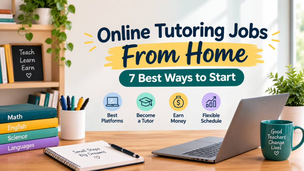 : Online tutoring jobs from home with a tutor teaching students through a laptop